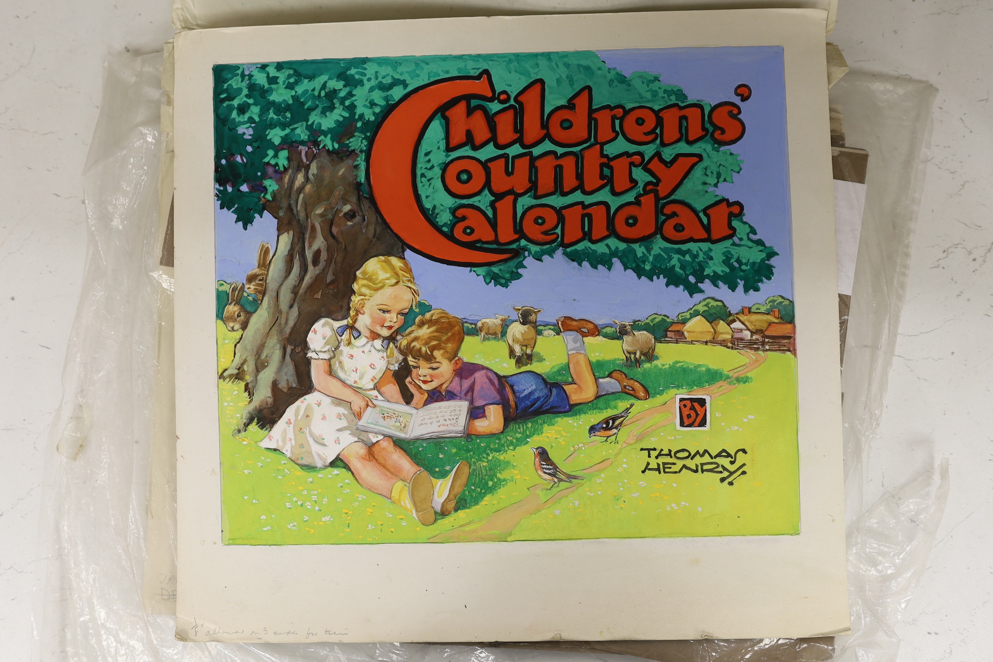 Thomas Henry (Just William illustrator) an interesting collection of numerous gouaches to include grouped illustrations for a ' Children's Country Calendar', alongside various scripted panels, other illustrations etc